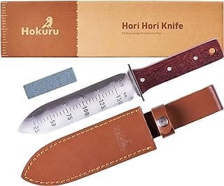 Hori Hori Knife - Landscaping Digging Weeding Cutting Planting Gardening Tool With Leather Sheath Stainless Steel Blade and Sharpening Stone